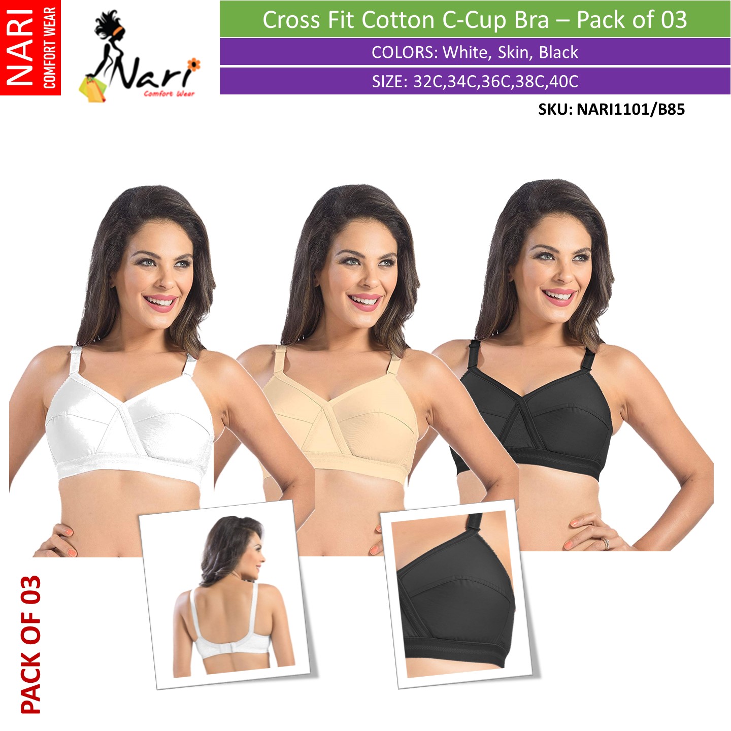 Cross Fit B,C-Cup Cotton Bra – Pack of 03 – Online Shopping Point